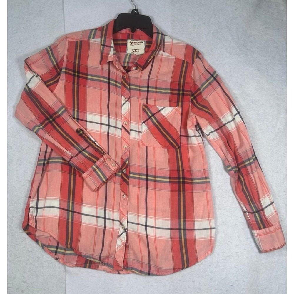 Arizona Jean Co Womens L Plaid Button Up Shirt Boyfriend Fit Coral Cotton